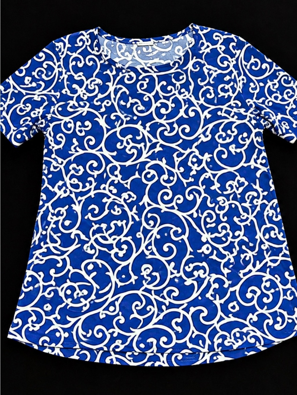 Susan Graver Blue and White Scroll-Print Short Sleeve Top